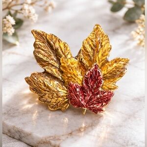 Vintage Karu Maple Leaf Brooch Gold Tone Red Enamel Signed KC Autumn Fall Pin